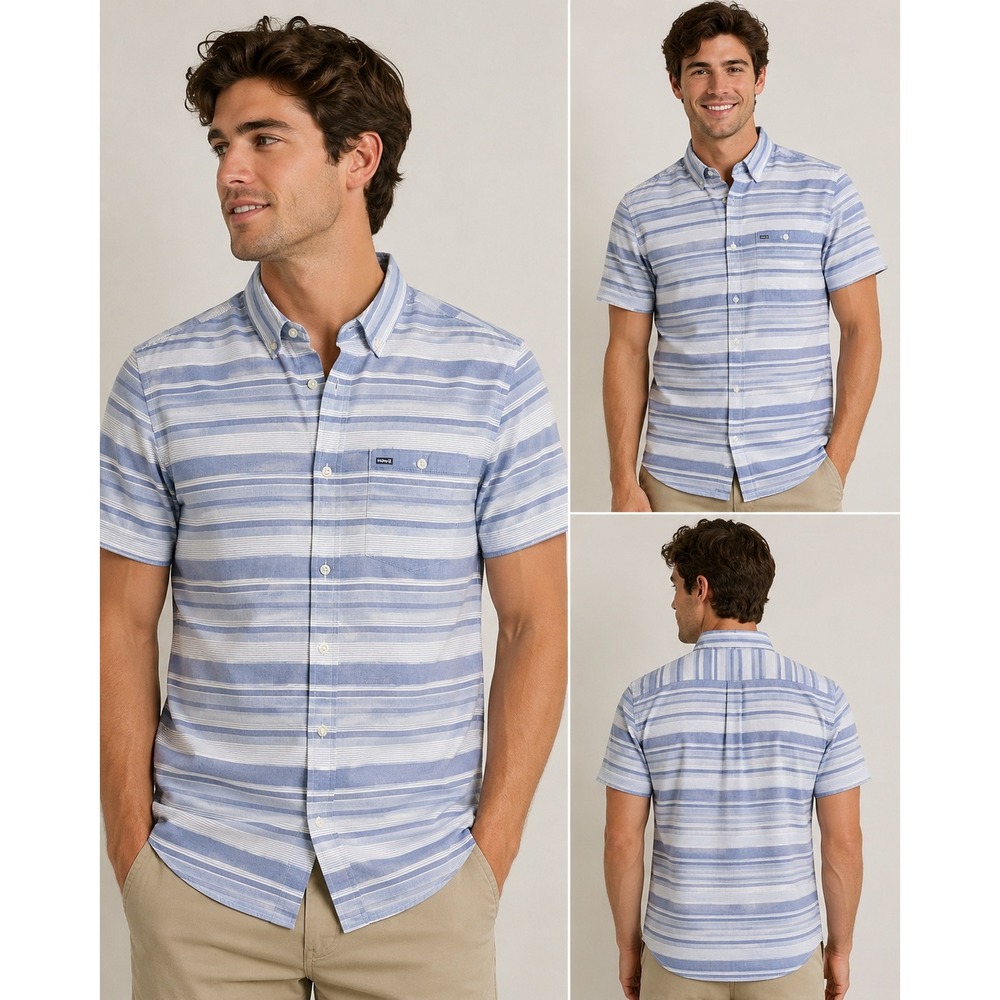 Hurley Mens Blue White Striped Short Sleeve Button Down Shirt Small Pocket Logo